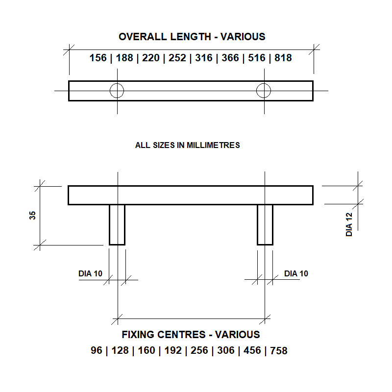 Diagram Image for CH401 Solid T-Bar Handle