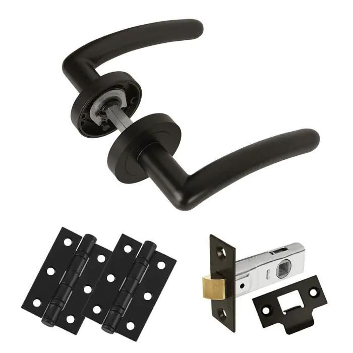 Z16 Curved Lever Rose Black Door Handle Pack With Hinges & Latch