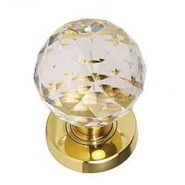 Crystal Cut Glass Door Knob in polished brass finish rose.