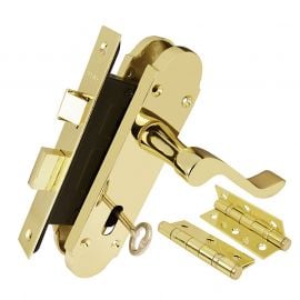 Z76 Epsom Locking Door Handle Set with Hinges & Latch, polished brass.