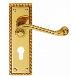 Z609 Georgian Squared Euro Lock Solid Brass Door Handle Polished Brass