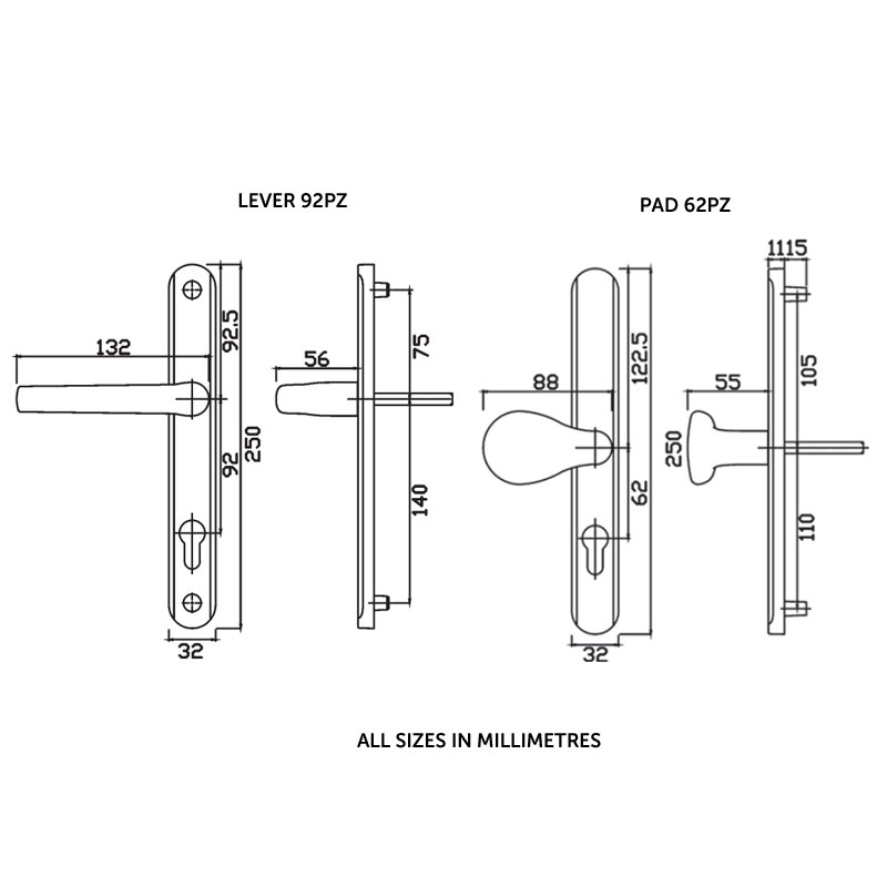Diagram Image for D275 – Offset Pad 92/62pz uPVC Door Handles – 215mm