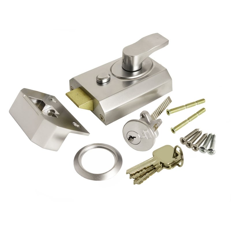 Carlisle Brass Rim Cylinder Night Latch With Deadlock - 60Mm - Satin Chrome