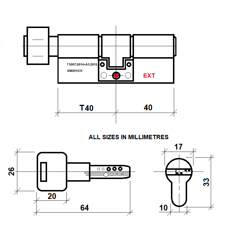 Diagram Image for DL41 Orion 3 Star TS007 Anti Snap Thumbturn Lock T40/40(AS)