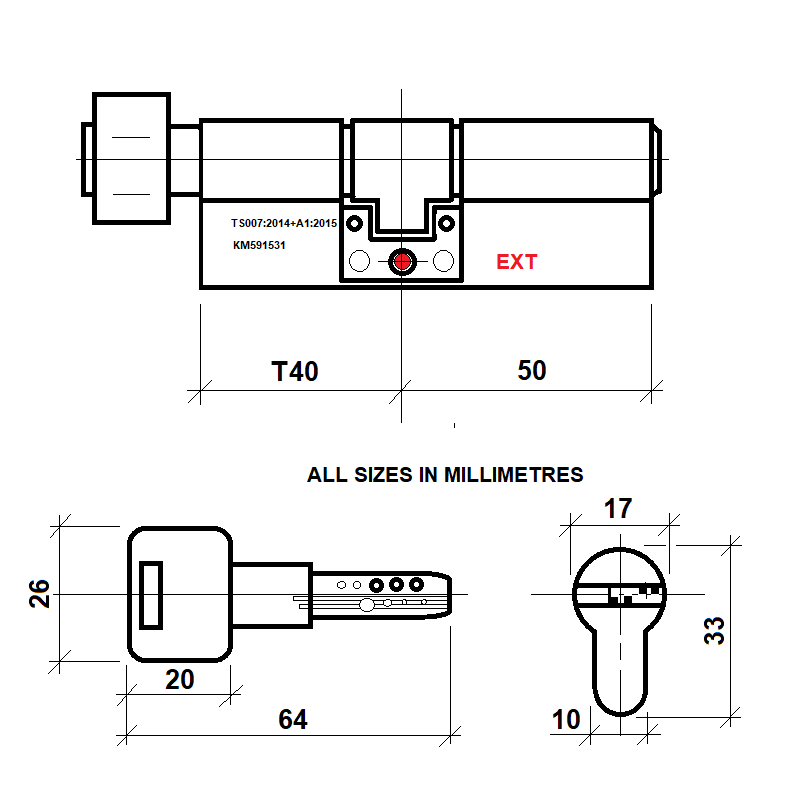 Diagram Image for DL41 Orion 3 Star TS007 Anti Snap Thumbturn Lock T40/50(AS)