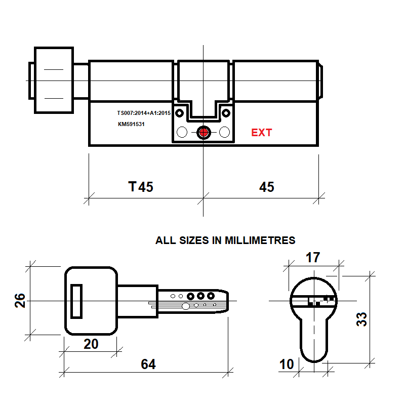 Diagram Image for DL41 Orion 3 Star TS007 Anti Snap Thumbturn Lock T45/45(AS)