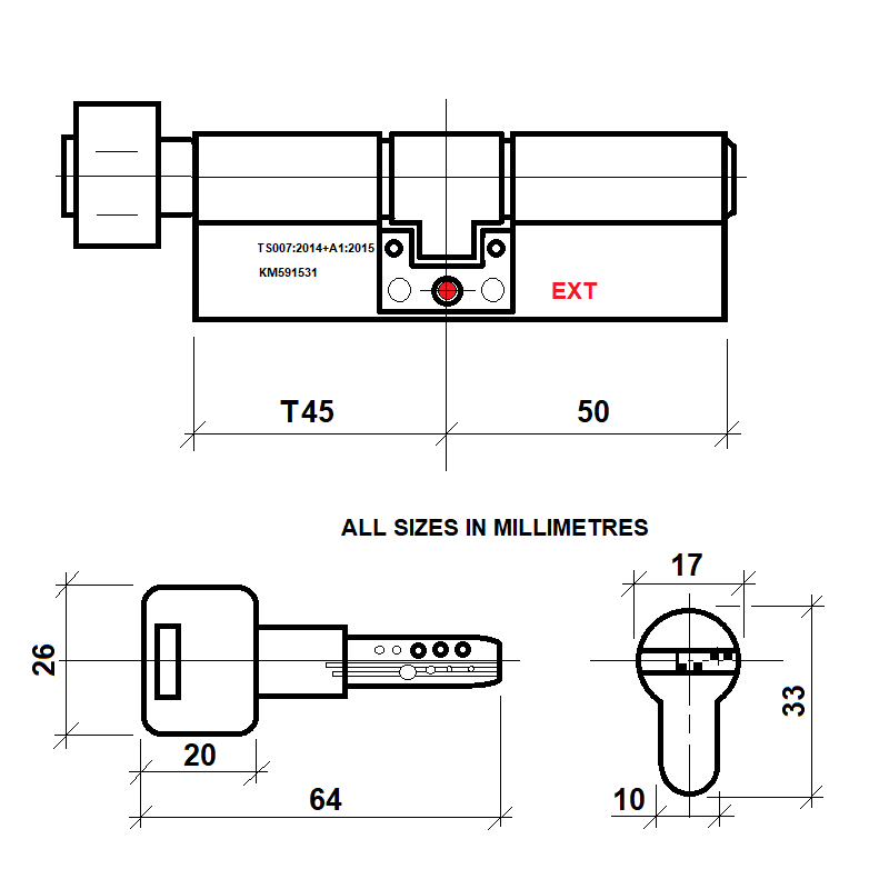 Diagram Image for DL41 Orion 3 Star TS007 Anti Snap Thumbturn Lock T45/50(AS)