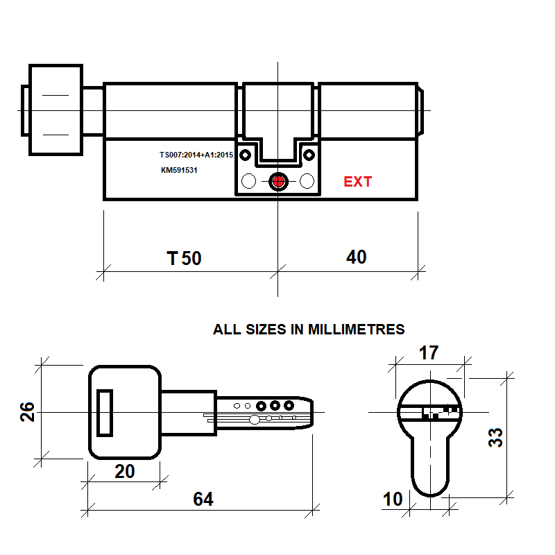 Diagram Image for DL41 Orion 3 Star TS007 Anti Snap Thumbturn Lock T50/40(AS)