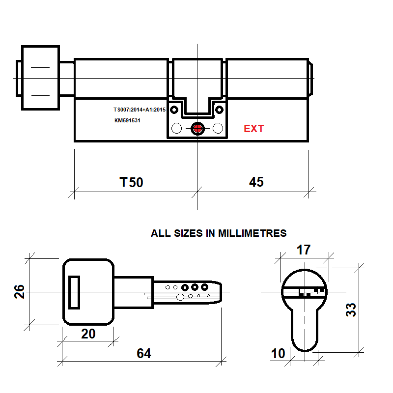Diagram Image for DL41 Orion 3 Star TS007 Anti Snap Thumbturn Lock T50/45(AS)