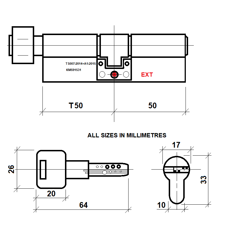 Diagram Image for DL41 Orion 3 Star TS007 Anti Snap Thumbturn Lock T50/50(AS)
