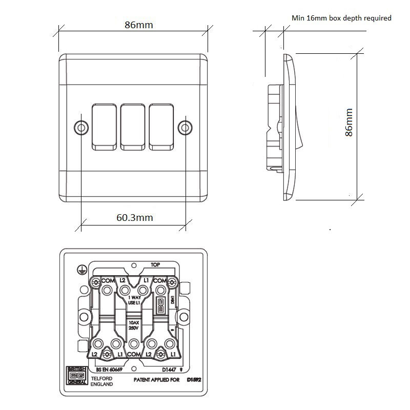 Diagram Image for LS03 Screw Plate 3 Gang Light Switch