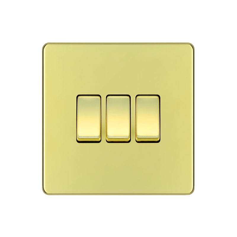 Bg Electrical Light Ls07 Screwless Plate 3 Gang Switch, Polished Brass