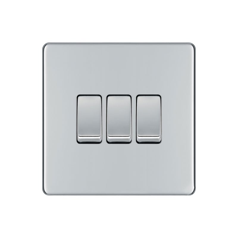 Bg Electrical Light Ls07 Screwless Plate 3 Gang Switch, Polished Chrome