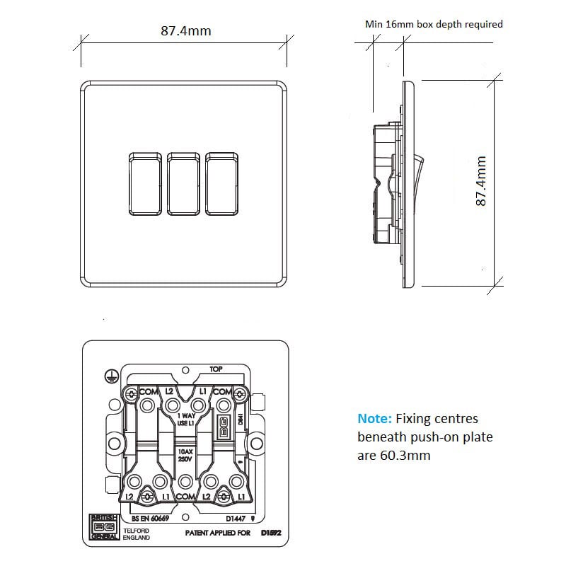 Diagram Image for LS07 Screwless Plate 3 Gang Light Switch