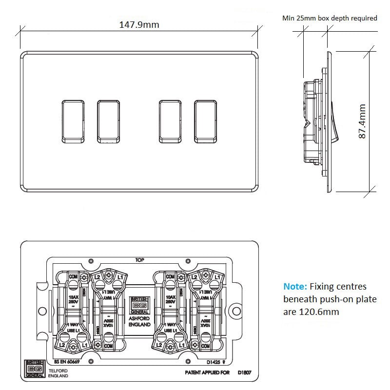 Diagram Image for LS08 Screwless Plate 4 Gang Light Switch