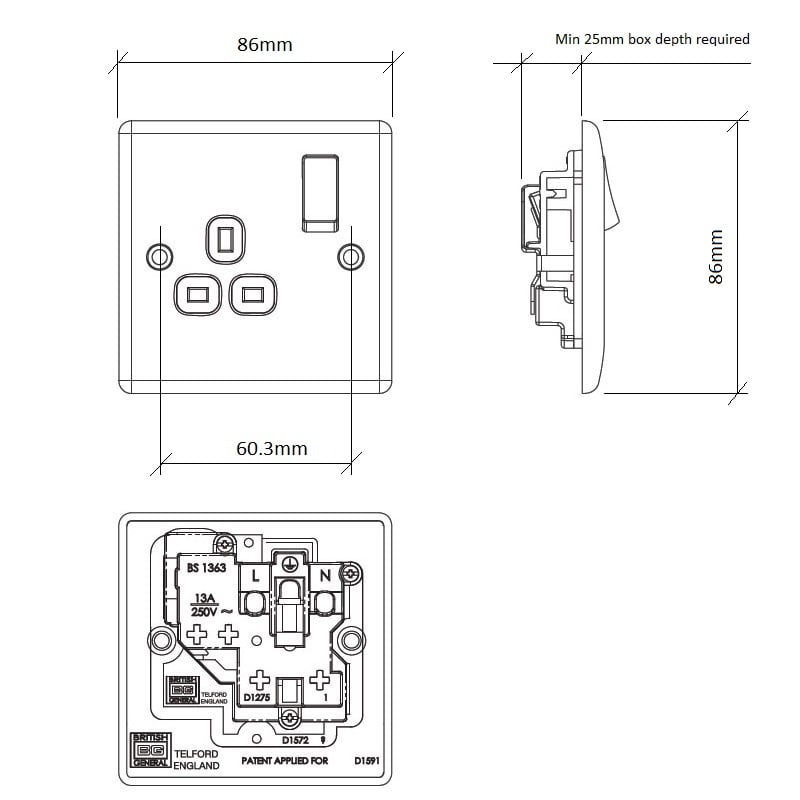 Diagram Image for PS01 Screw Plate 1 Gang Plug Socket