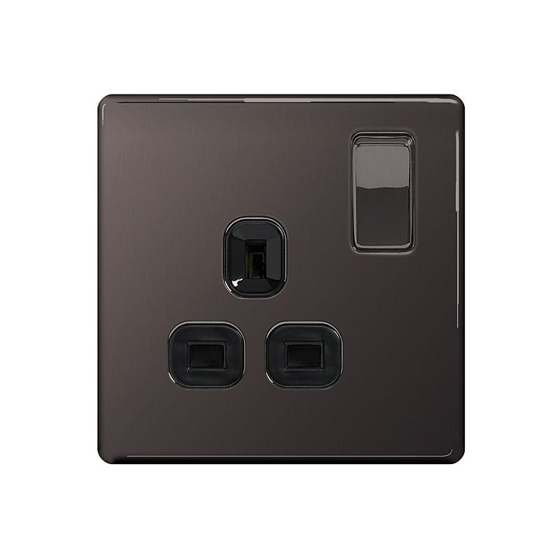 Bg Electrical Black Ps03 Screwless Plate 1 Gang Plug Socket, Nickel
