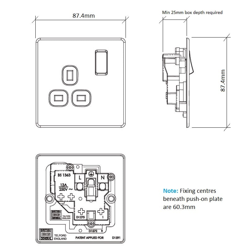 Diagram Image for PS03 Screwless Plate 1 Gang Plug Socket