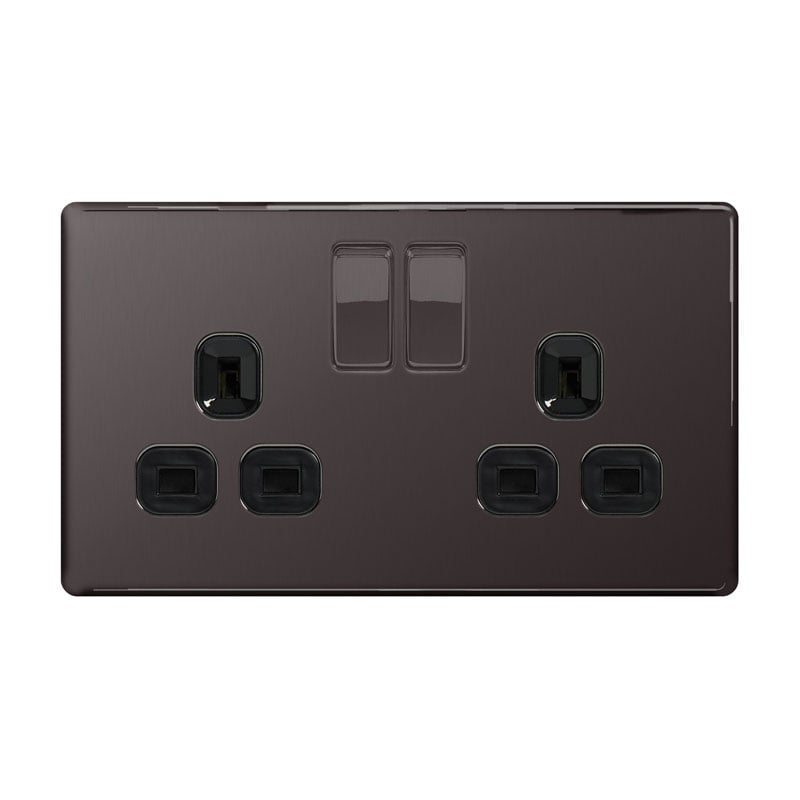 Bg Electrical Black Ps04 Screwless Plate 2 Gang Plug Socket, Nickel