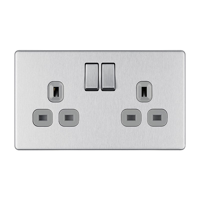 Bg Electrical Ps04 Screwless Plate 2 Gang Plug Socket, Brushed Steel