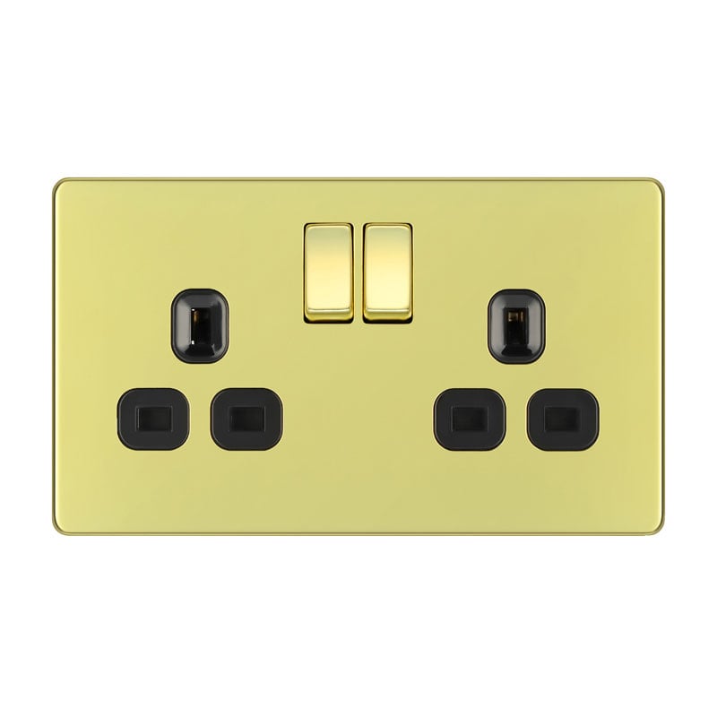Bg Electrical Ps04 Screwless Plate 2 Gang Plug Socket, Polished Brass