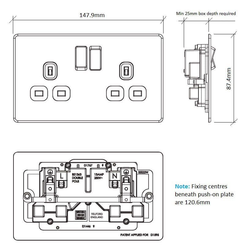 Diagram Image for PS04 Screwless Plate 2 Gang Plug Socket