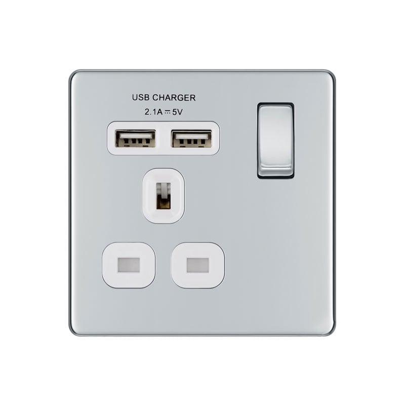 Bg Electrical Ps07 Screwless Plate 1 Gang Usb Plug Socket, Polished Chrome