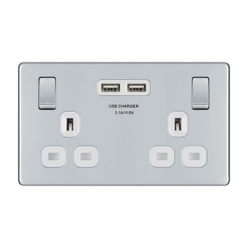 Bg Electrical Ps08 Screwless Plate 2 Gang Usb Plug Socket, Polished Chrome