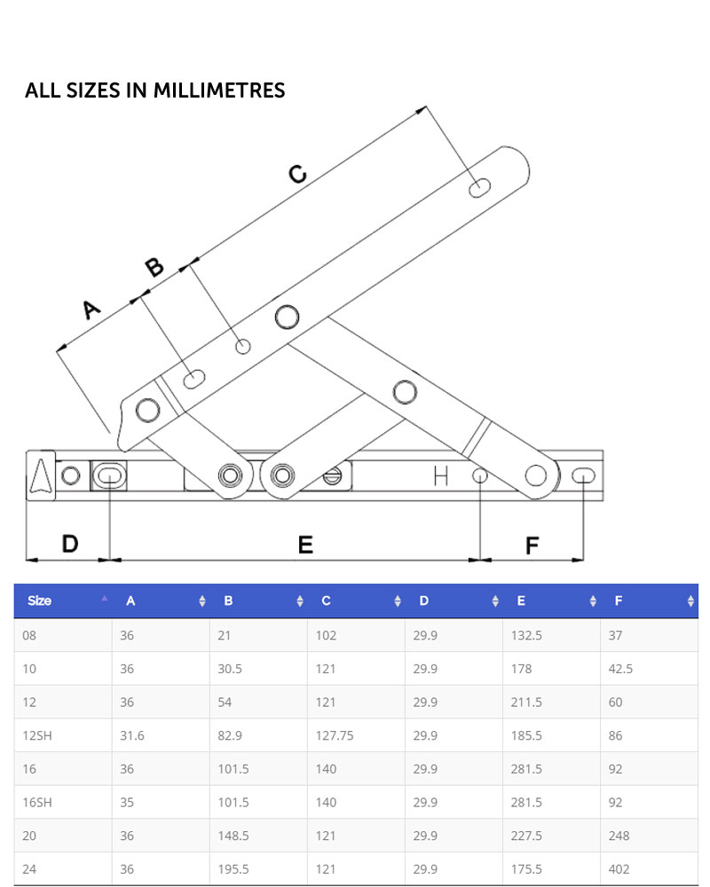 Diagram Image for H08 Green Button 16” Side Hung Restrictor Hinge