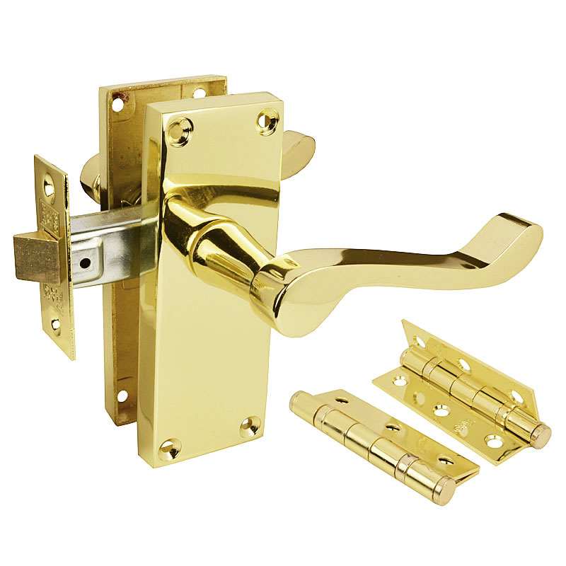 Handlestore Z06 Victorian Scroll Door Handle Packs, Brass, 75Mm Latch & Hinges