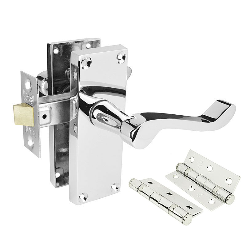 Handlestore Z06 Victorian Scroll Door Handle Pack, Chrome, 63Mm Latch & Hinges