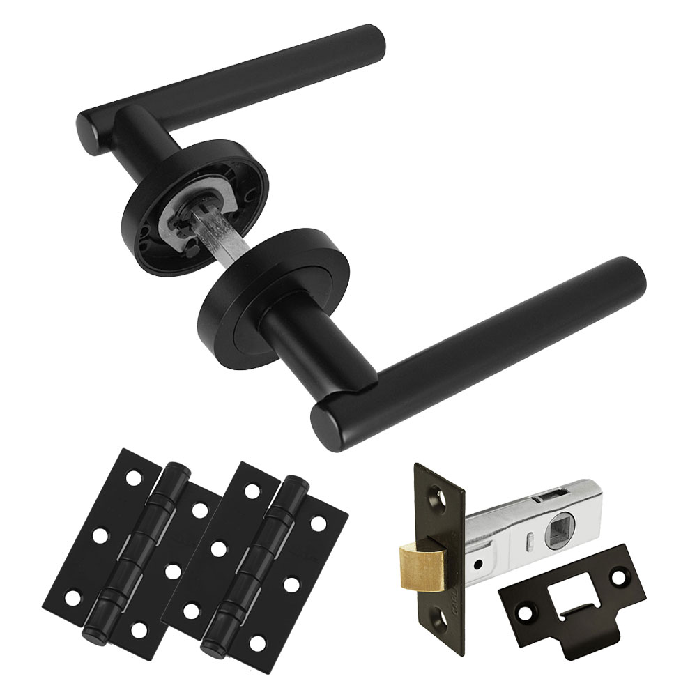 Handlestore Black Z14 Door Handles T-Bar Lever On Round Rose - Door Pack, 63Mm Latch, 3 Inch Hinges