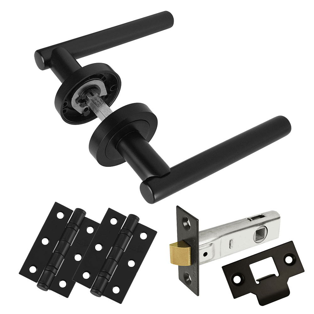 Handlestore Black Z14 Door Handles T-Bar Lever On Round Rose - Door Pack, 75Mm Latch, 3 Inch Hinges