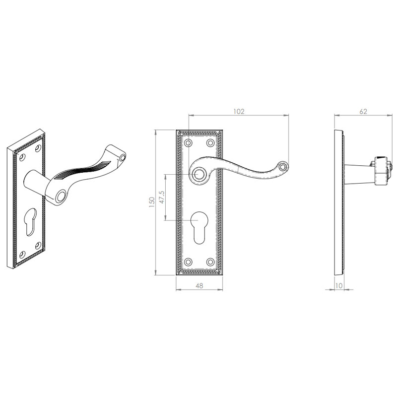 Diagram Image for Z609 Squared Georgian Euro Lock Solid Brass Door Handle