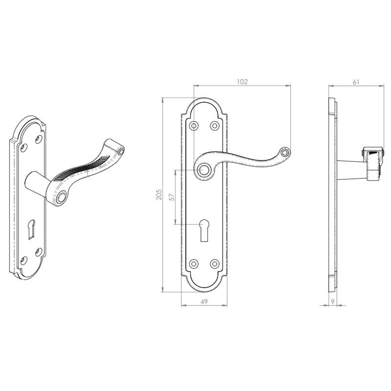 Diagram Image for Z613 Georgian Shaped Lever Lock Solid Brass Door Handle