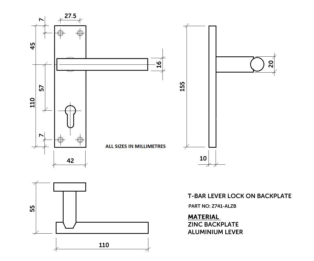Diagram Image for Z741 T-Bar Lever Backplate Lock Door Handle