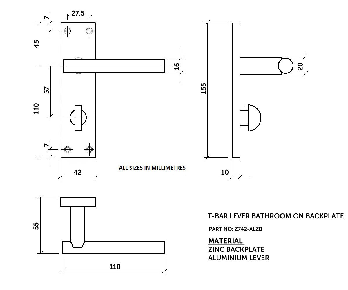 Diagram Image for Z742 T-Bar Lever Backplate Bathroom Door Handle