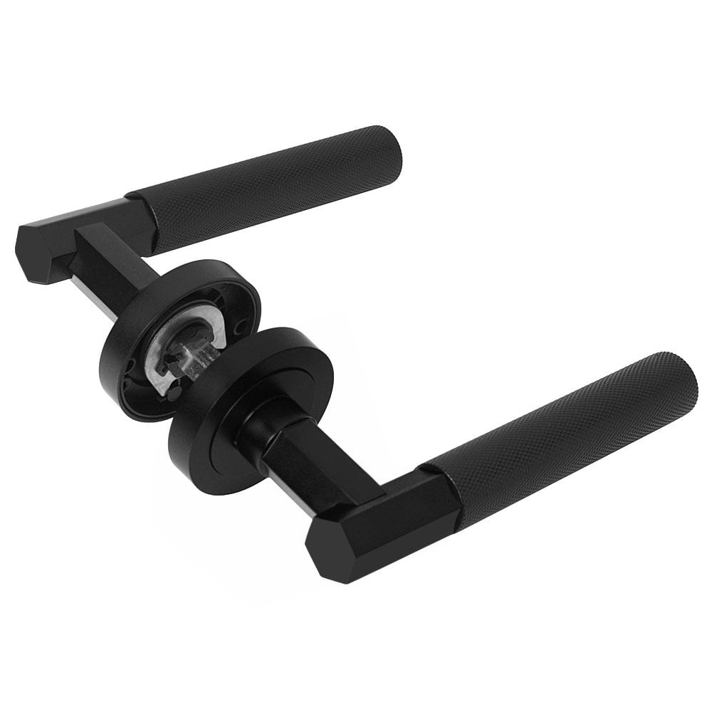 Handlestore Black Z751 Hexagon Knurled Lever Rose Door Handles In Matt