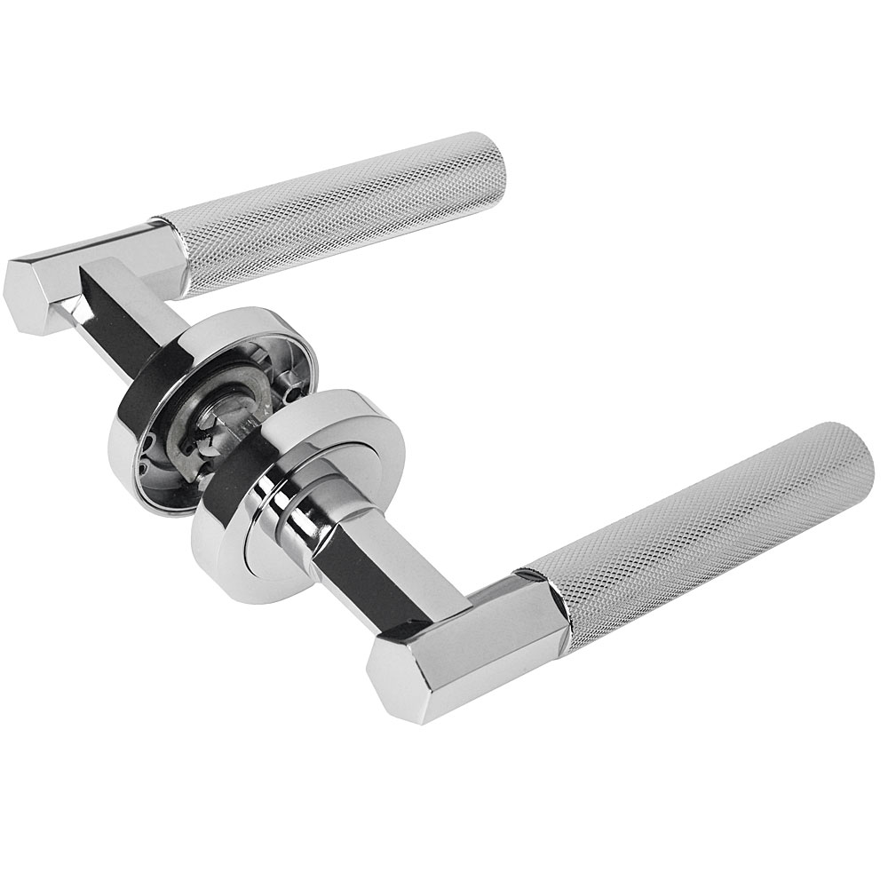 Handlestore Z751 Hexagon Knurled Lever Rose Door Handles In Polished Chrome