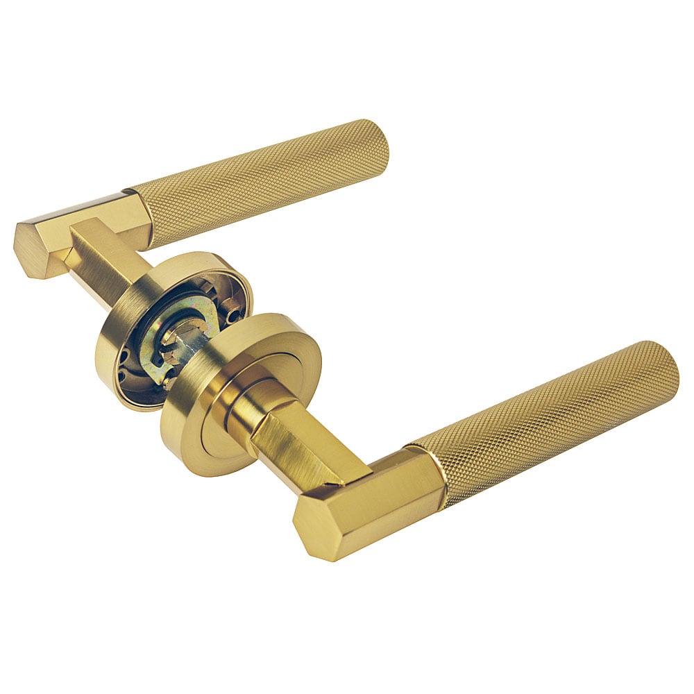 Handlestore Z751 Hexagon Knurled Lever Rose Door Handles In Satin Bras