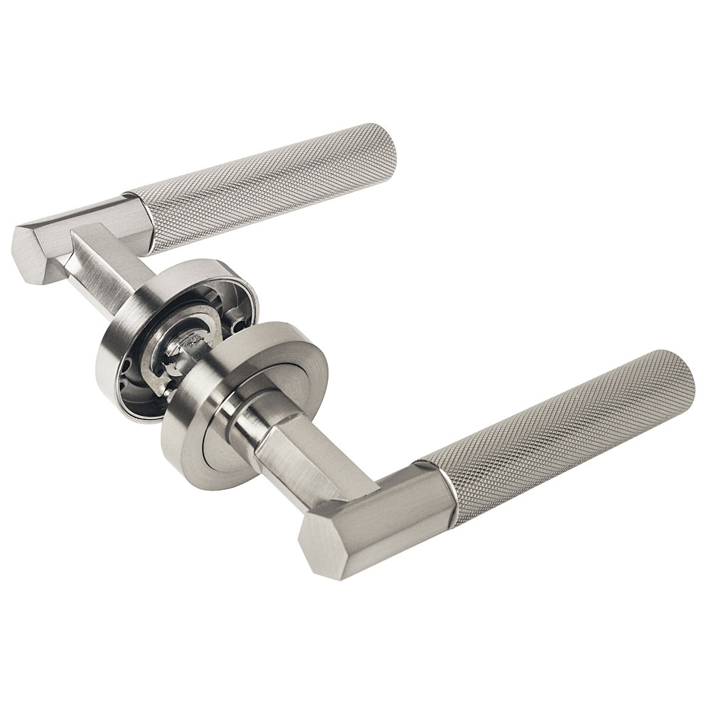 Handlestore Z751 Hexagon Knurled Lever Rose Door Handles In Satin Nickel