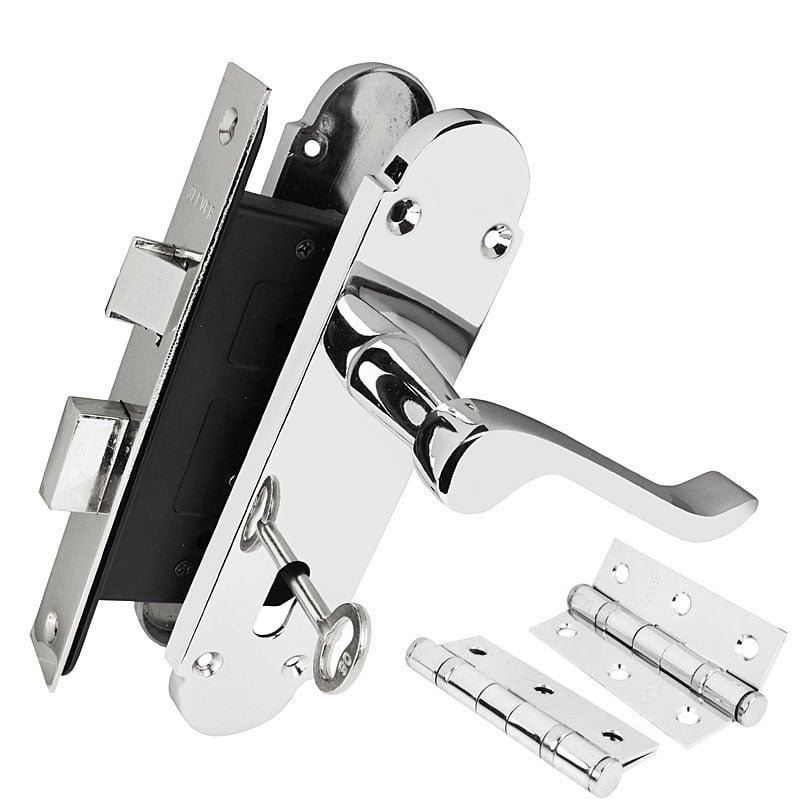 Handlestore Z76 Scrolled Locking Door Handle Set, Chrome, 63Mm Sashlock, 3" Hinge
