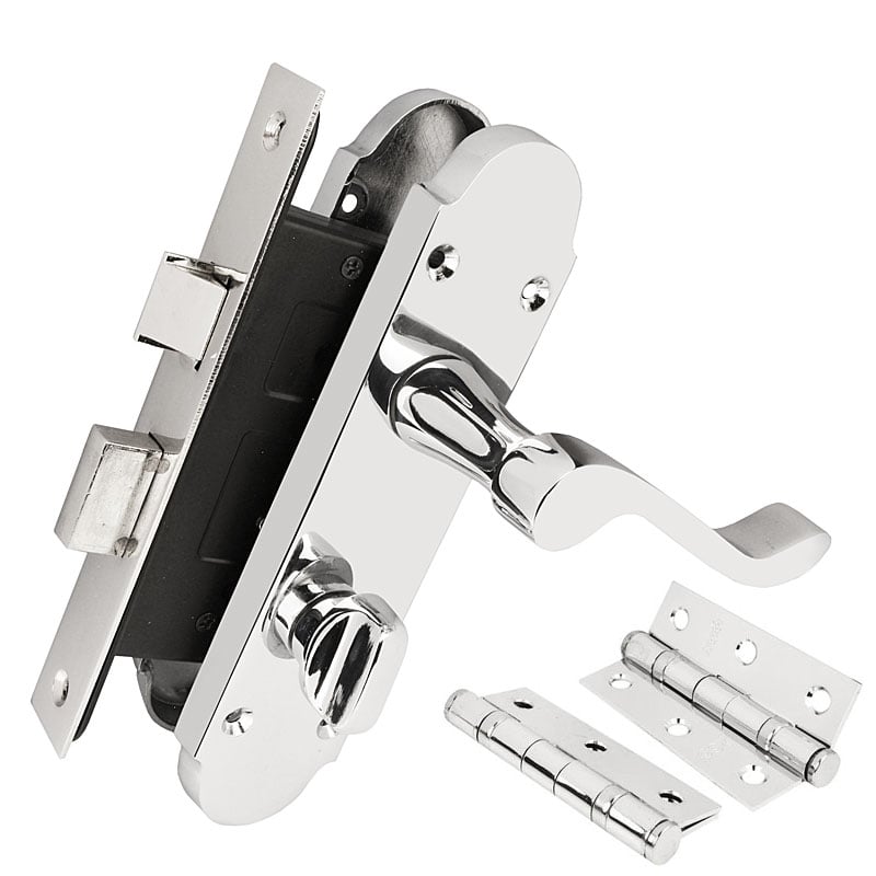 Handlestore Z77 Scrolled Bathroom Door Handle Set, Chrome, 63Mm Sashlock, 3" Hinge